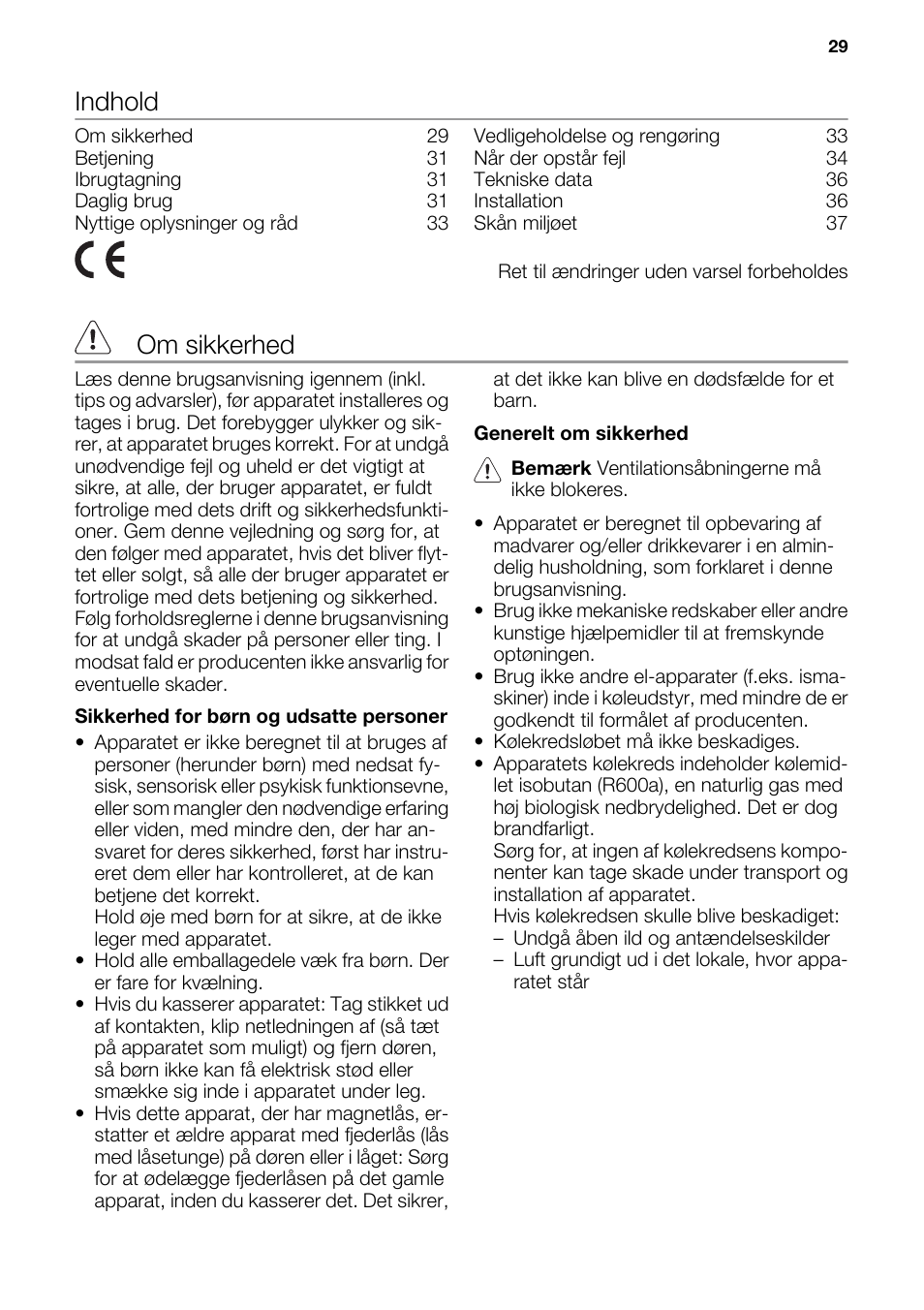 Indhold, Om sikkerhed | DE DIETRICH DRS926JE User Manual | Page 29 / 40