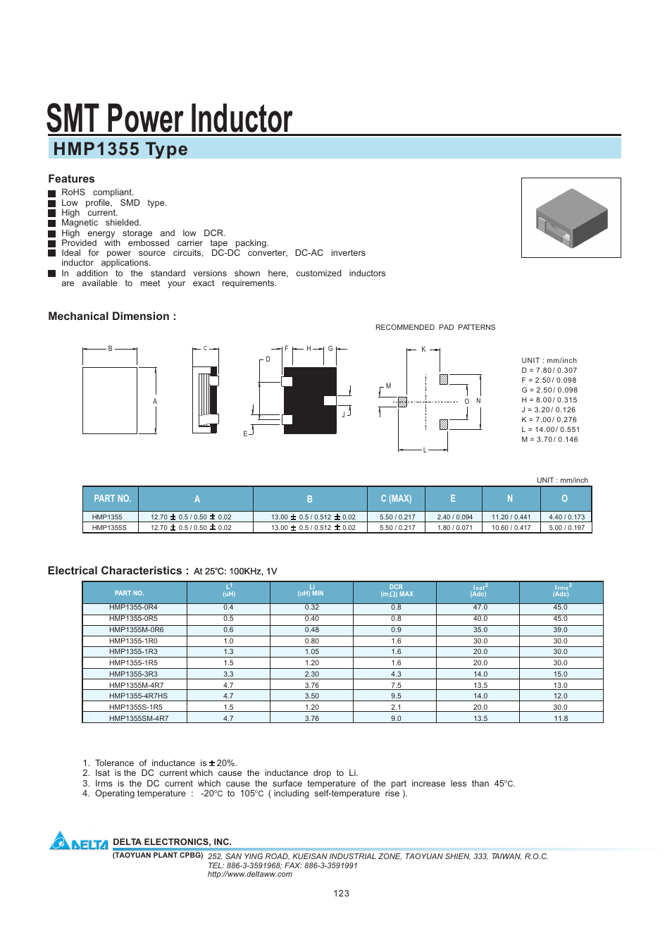 Delta Electronics SMT Power Inductor HMP1355 User Manual | 1 page