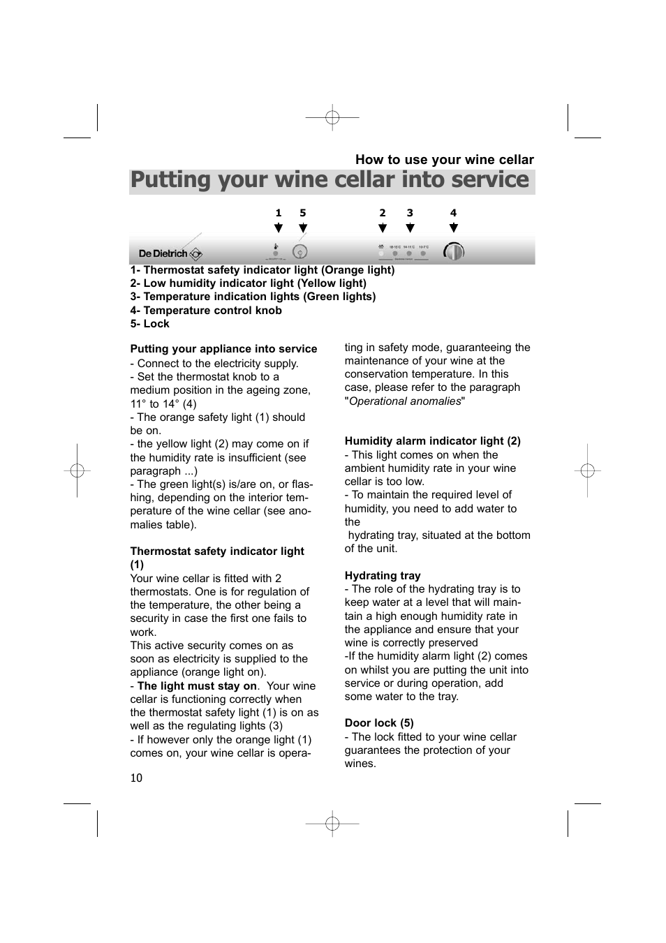 Putting your wine cellar into service | DE DIETRICH DWC170ZU User Manual | Page 10 / 19