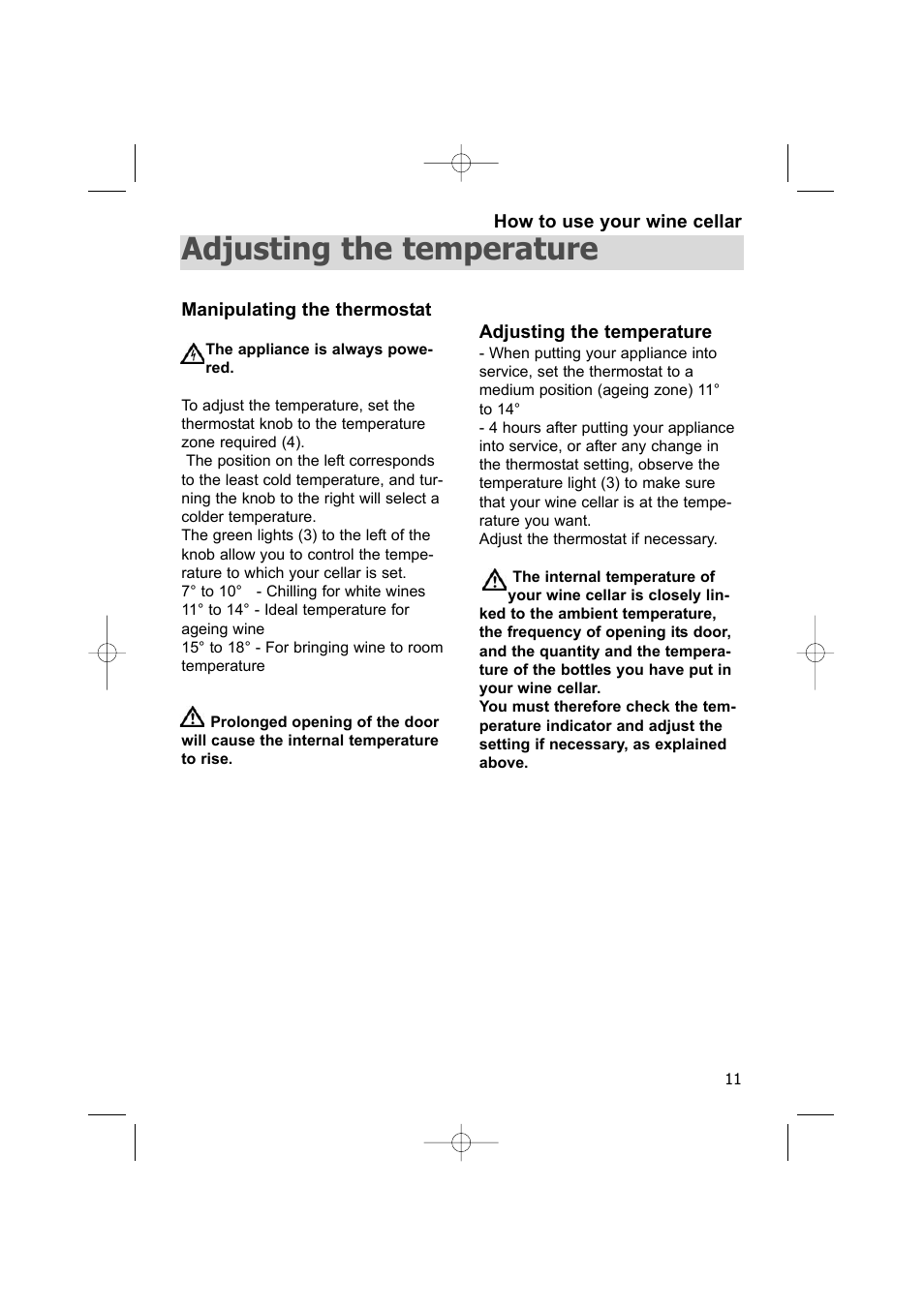 Adjusting the temperature | DE DIETRICH DWC170ZU User Manual | Page 11 / 19