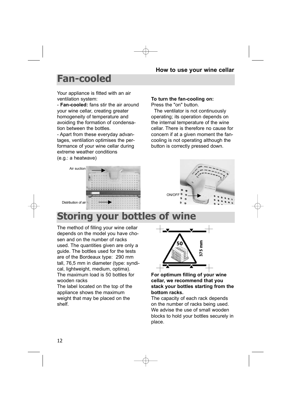 Fan-cooled, Storing your bottles of wine | DE DIETRICH DWC170ZU User Manual | Page 12 / 19