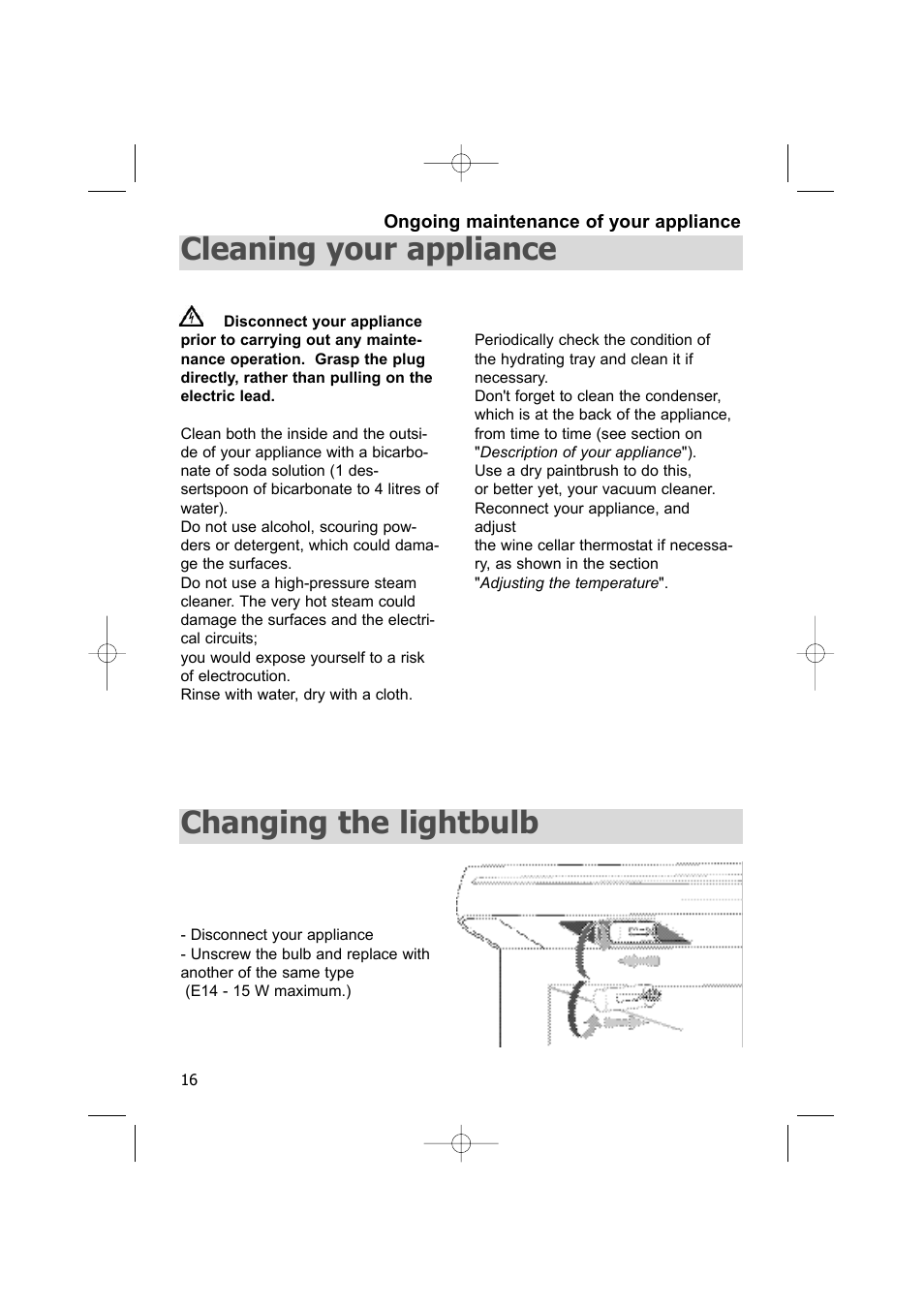 Cleaning your appliance, Changing the lightbulb | DE DIETRICH DWC170ZU User Manual | Page 16 / 19