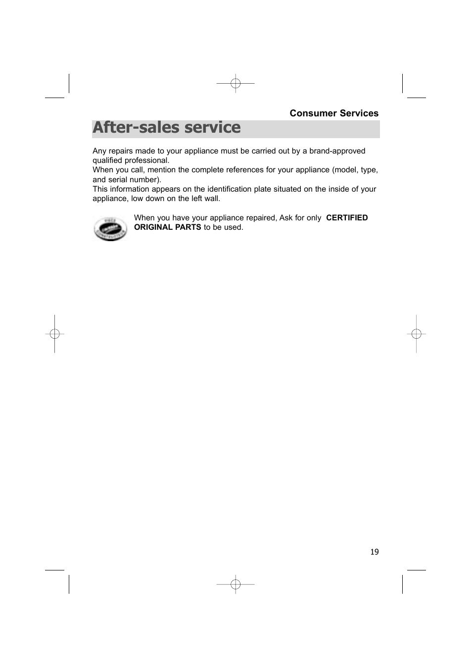 After-sales service | DE DIETRICH DWC170ZU User Manual | Page 19 / 19