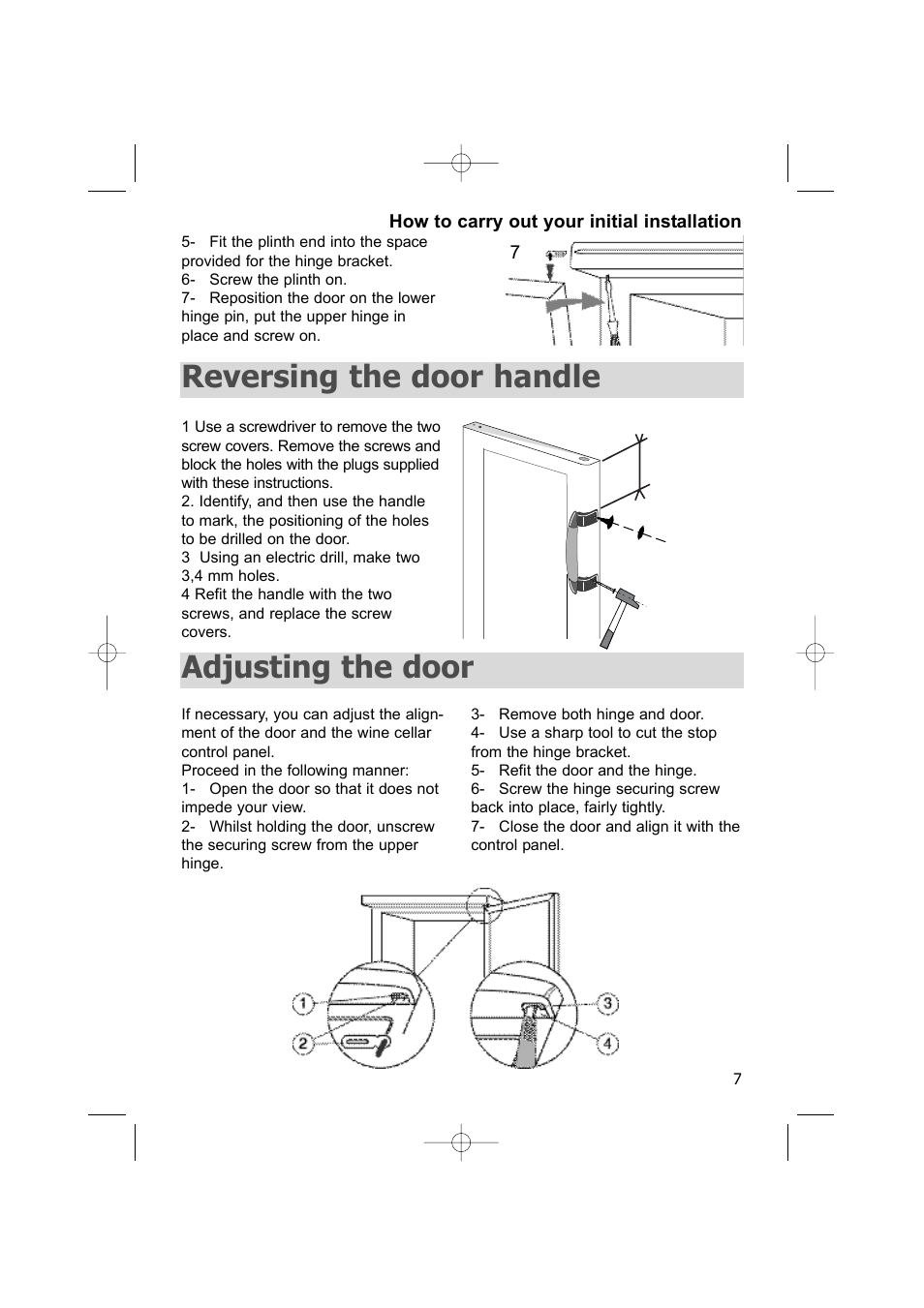 Reversing the door handle, Adjusting the door | DE DIETRICH DWC170ZU User Manual | Page 7 / 19