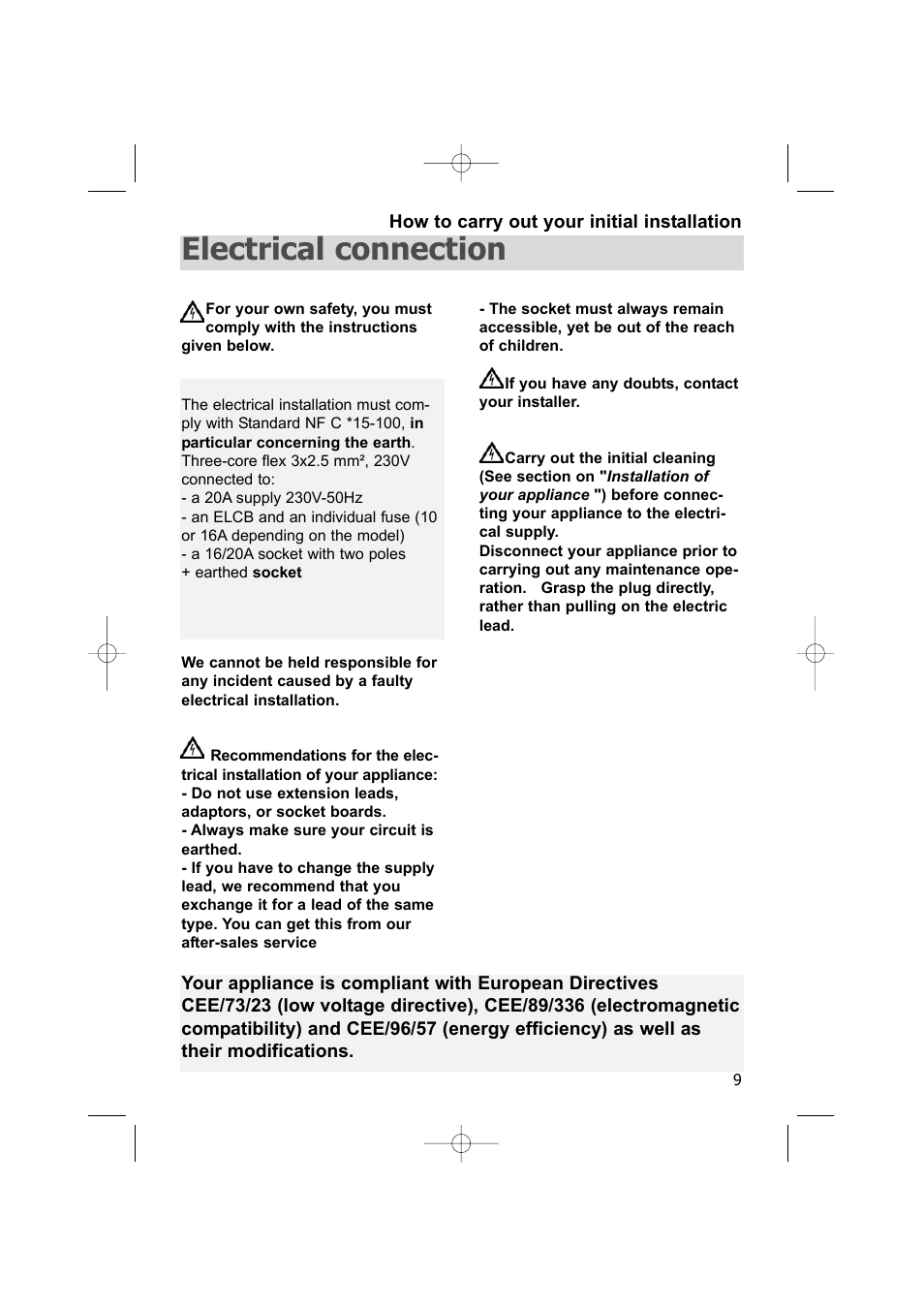 Electrical connection | DE DIETRICH DWC170ZU User Manual | Page 9 / 19