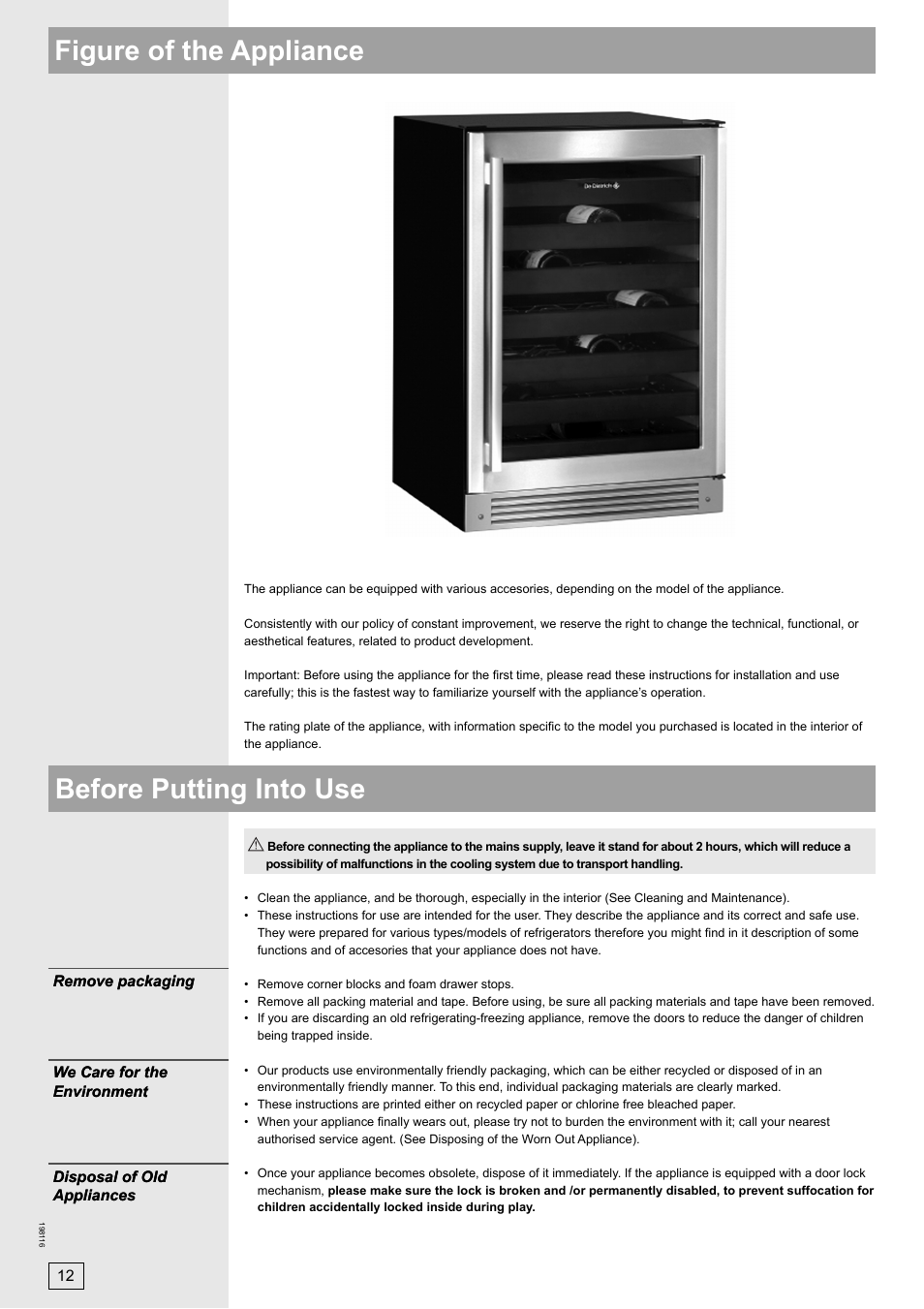Before putting into use figure of the appliance | DE DIETRICH DWS860X User Manual | Page 12 / 28