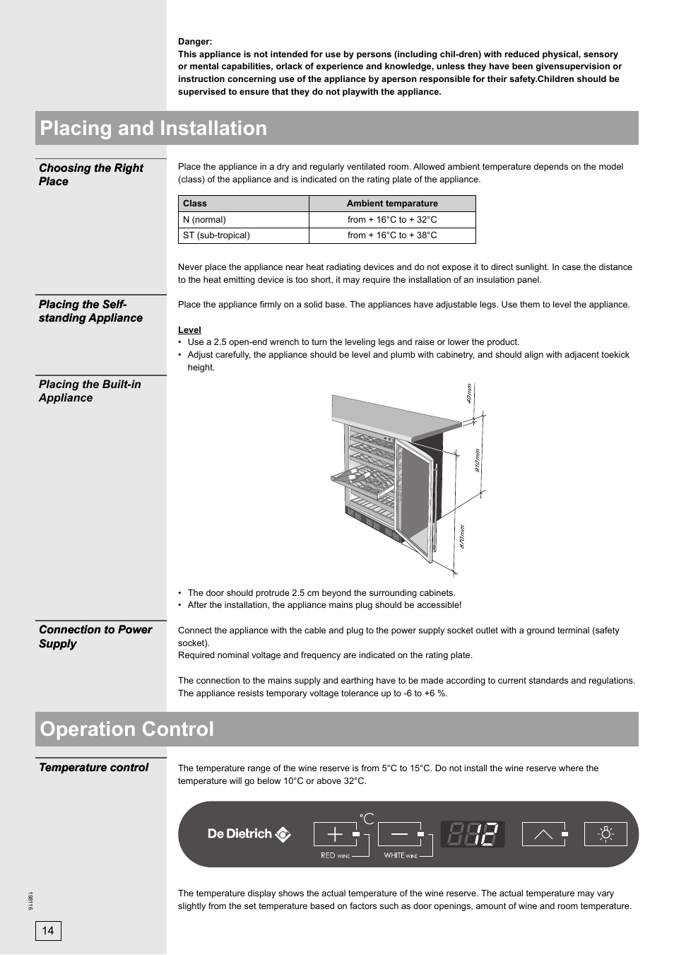 Operation control placing and installation | DE DIETRICH DWS860X User Manual | Page 14 / 28