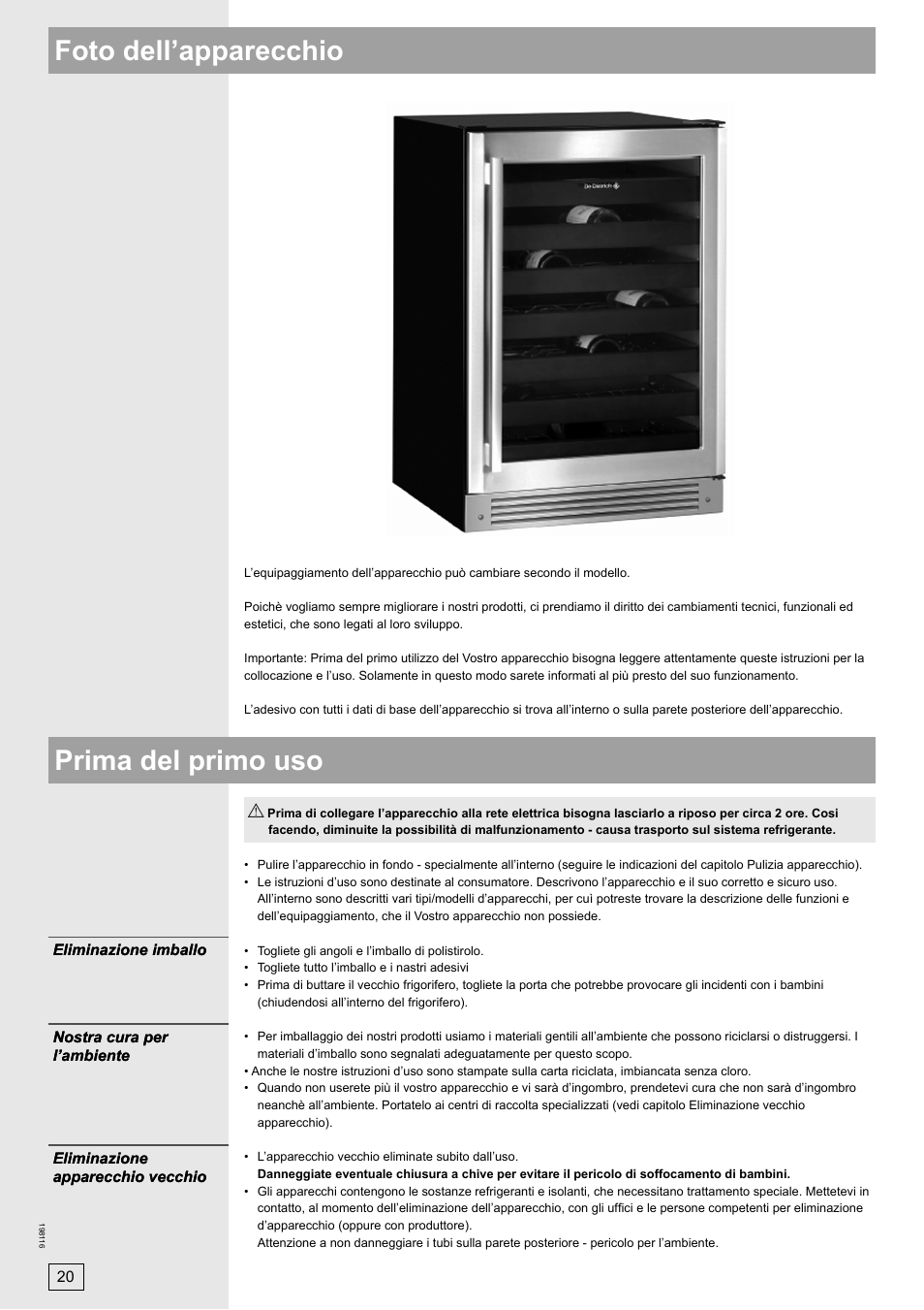 Prima del primo uso foto dell’apparecchio | DE DIETRICH DWS860X User Manual | Page 20 / 28