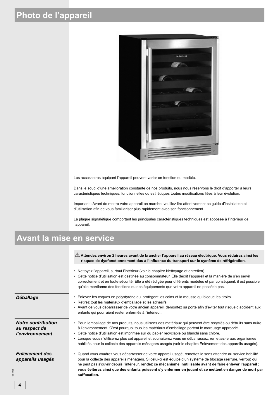 Avant la mise en service photo de l’appareil | DE DIETRICH DWS860X User Manual | Page 4 / 28