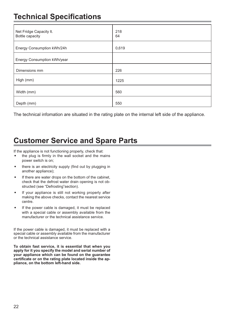 Technical specifications, Customer service and spare parts | DE DIETRICH DWS850X User Manual | Page 10 / 15