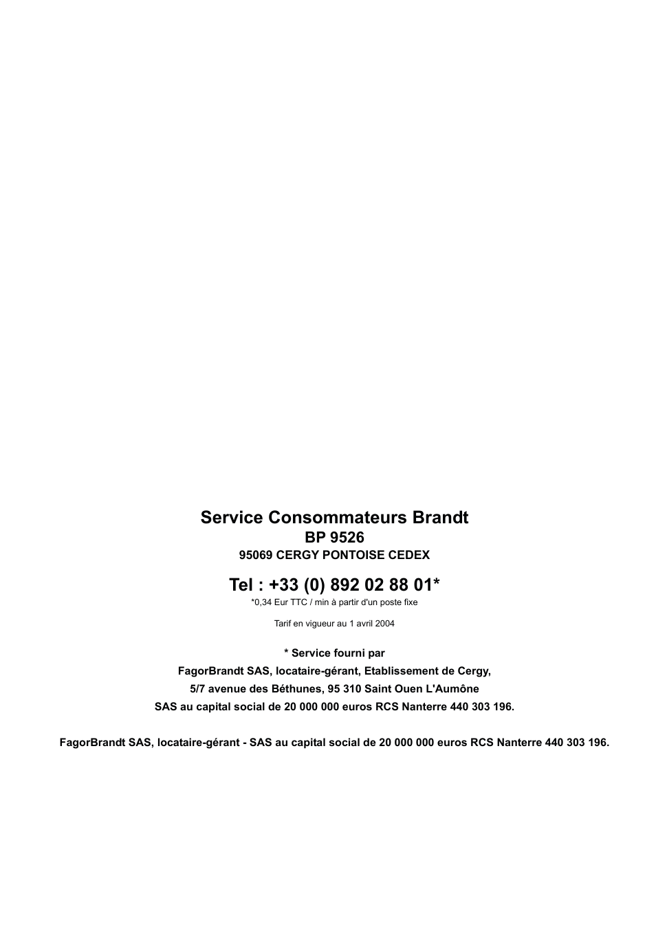 Service consommateurs brandt, Bp 9526 | DE DIETRICH DWS850X User Manual | Page 15 / 15