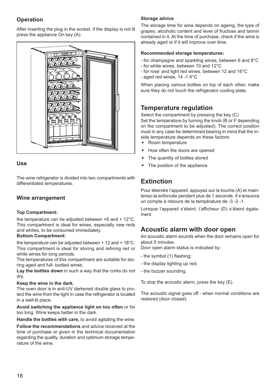 Temperature regulation, Extinction, Acoustic alarm with door open | DE DIETRICH DWS850X User Manual | Page 6 / 15