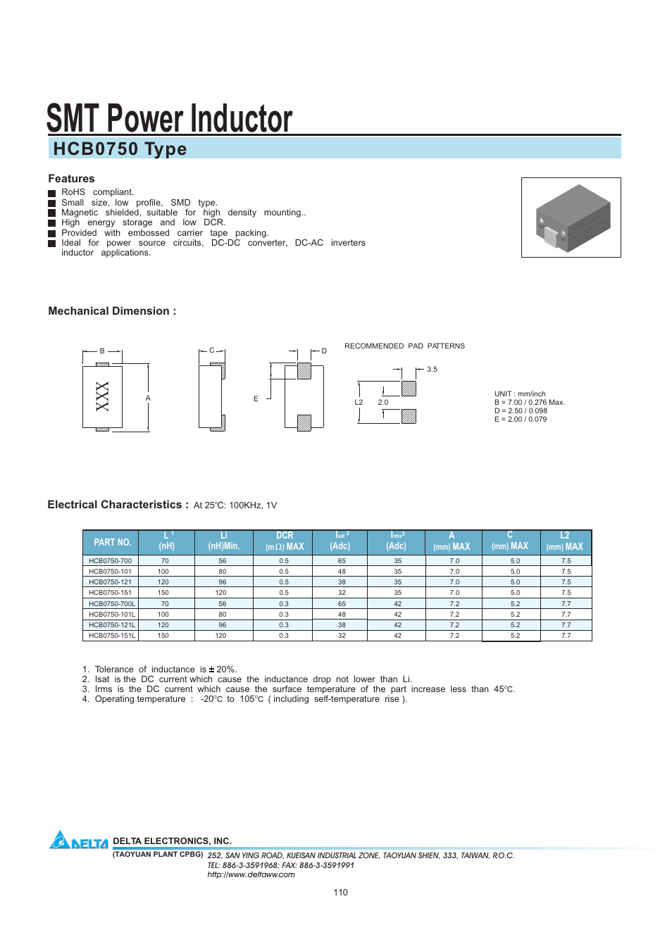 Delta Electronics SMT Power Inductor HCB0750 User Manual | 1 page