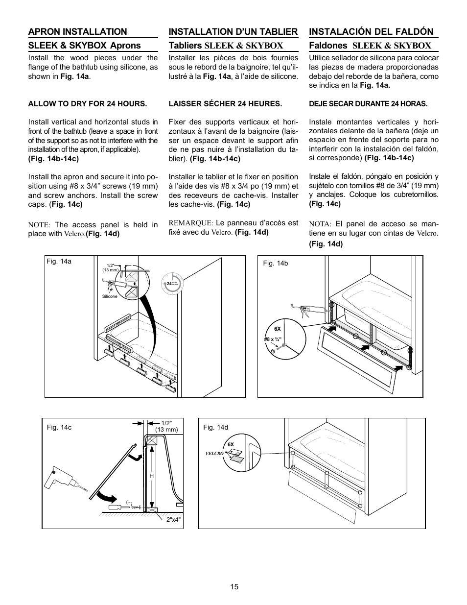 Apron installation sleek & skybox, Aprons, Installation d’un tablier tabliers sleek & skybox | Instalación del faldón faldones sleek & skybox | MAAX AGORA User Manual | Page 15 / 20