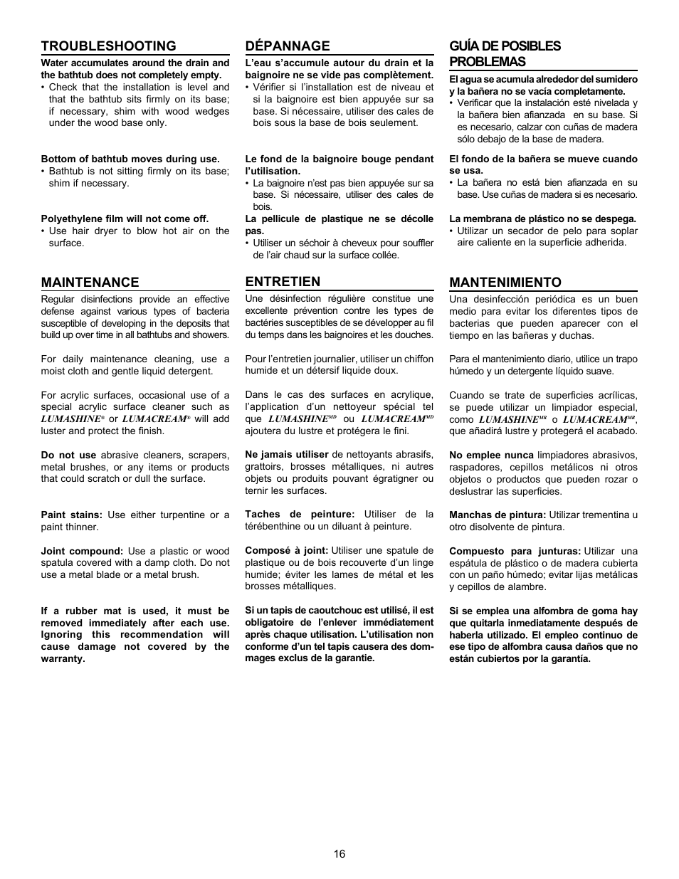 Troubleshooting, Maintenance, Dépannage | Entretien, Guía de posibles problemas, Mantenimiento | MAAX AGORA User Manual | Page 16 / 20