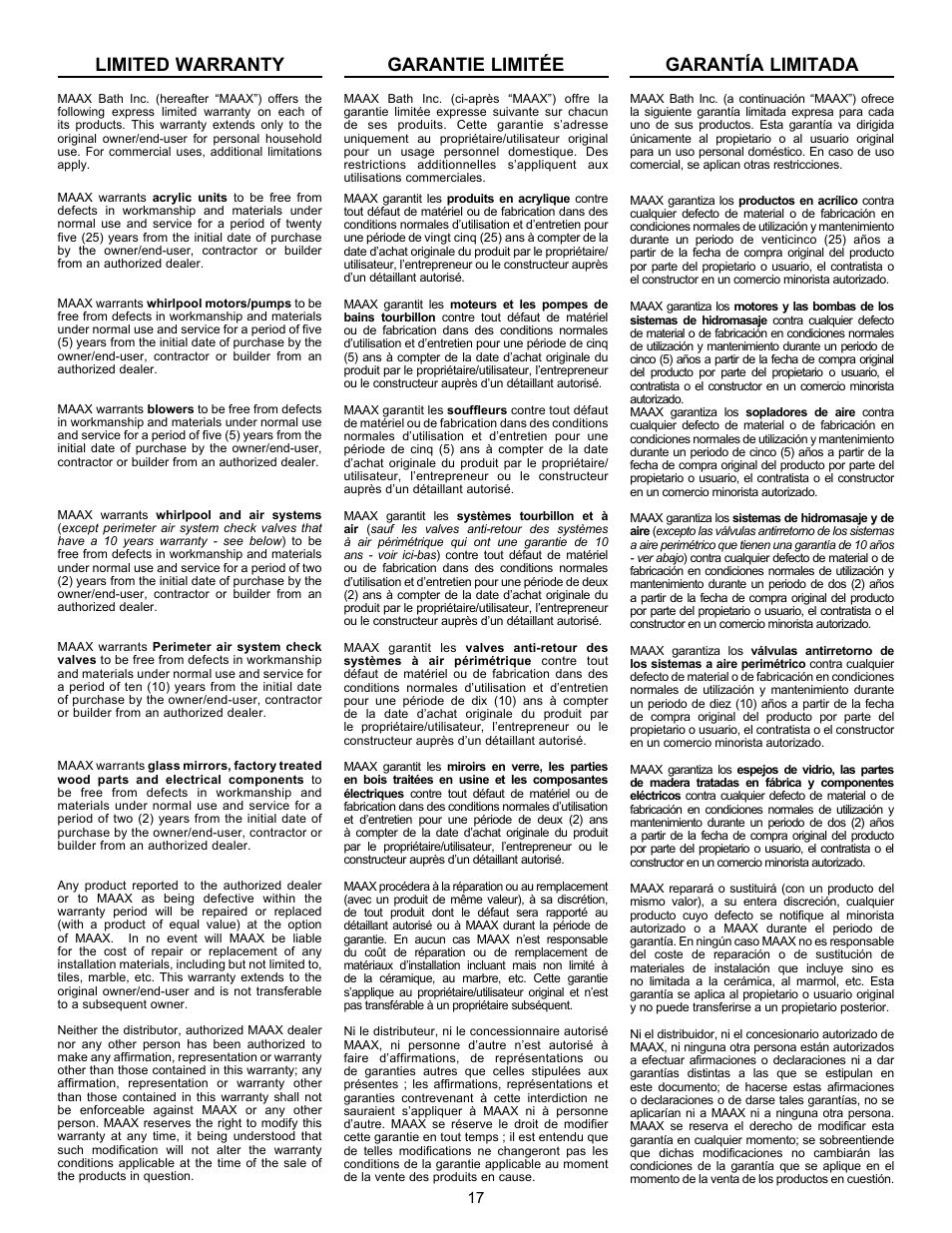 Limited warranty, Garantie limitée, Garantía limitada | MAAX AGORA User Manual | Page 17 / 20