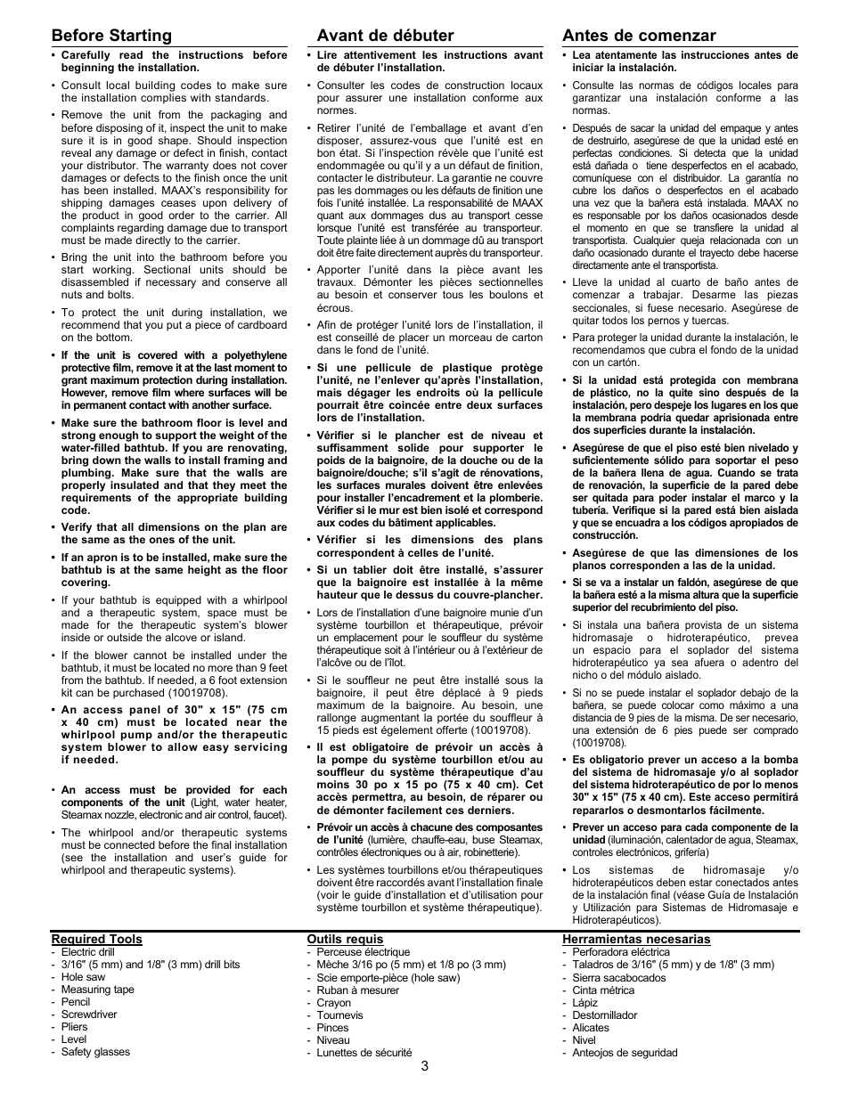 Before starting, Avant de débuter, Antes de comenzar | MAAX AGORA User Manual | Page 3 / 20