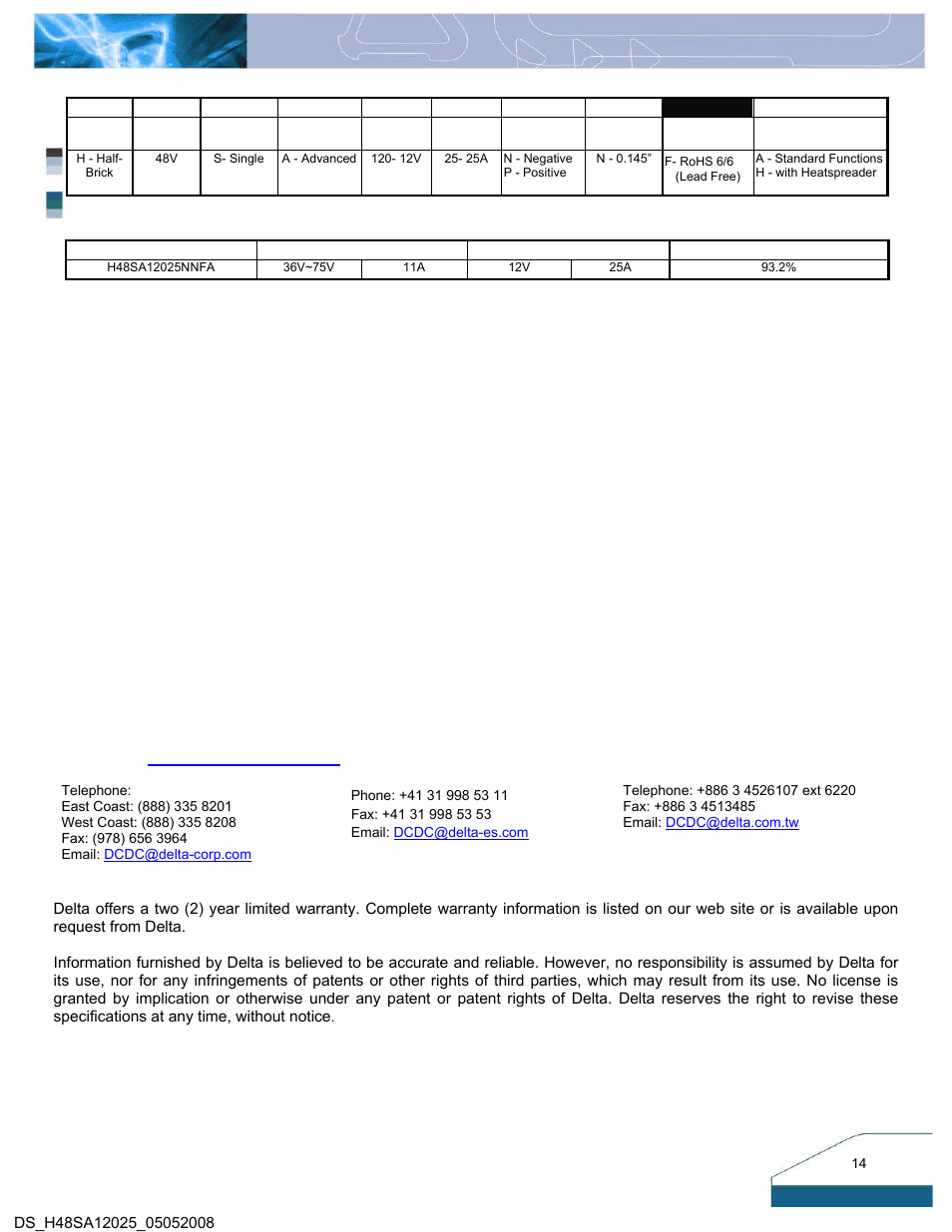 Part numbering system, Model list | Delta Electronics Series H48SA User Manual | Page 14 / 14