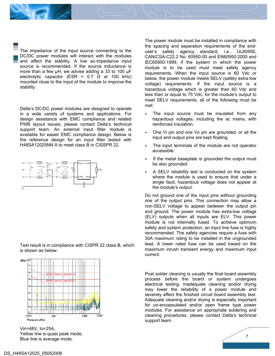 Design considerations, Input source impedance, Layout and emc considerations | Safety considerations, Soldering and cleaning considerations | Delta Electronics Series H48SA User Manual | Page 7 / 14