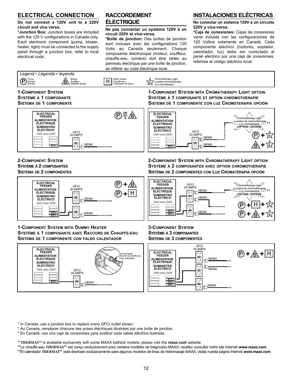 Electrical connection, Raccordement électrique, Instalaciones eléctricas | Ph h, Legend • légende • leyenda | MAAX AGORA User Manual | Page 12 / 20