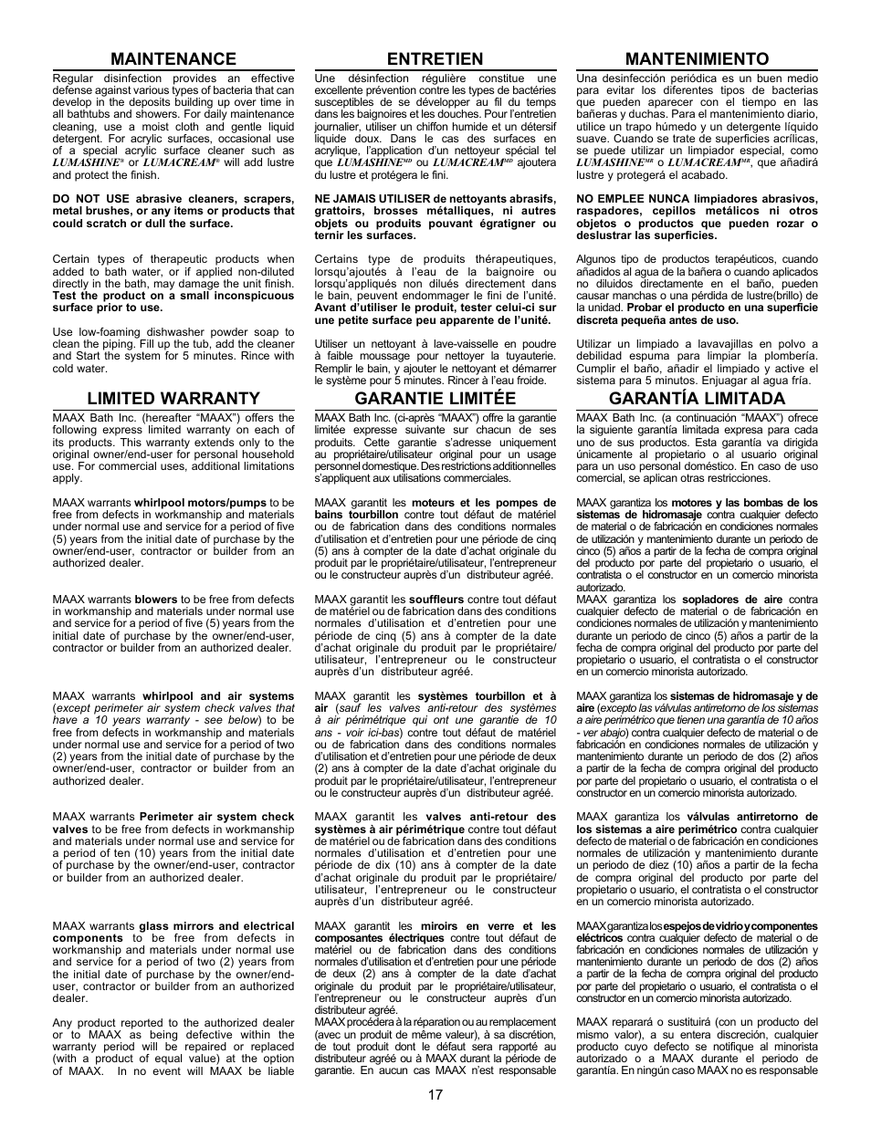 Maintenance, Limited warranty, Entretien | Garantie limitée, Mantenimiento, Garantía limitada | MAAX AGORA User Manual | Page 17 / 20