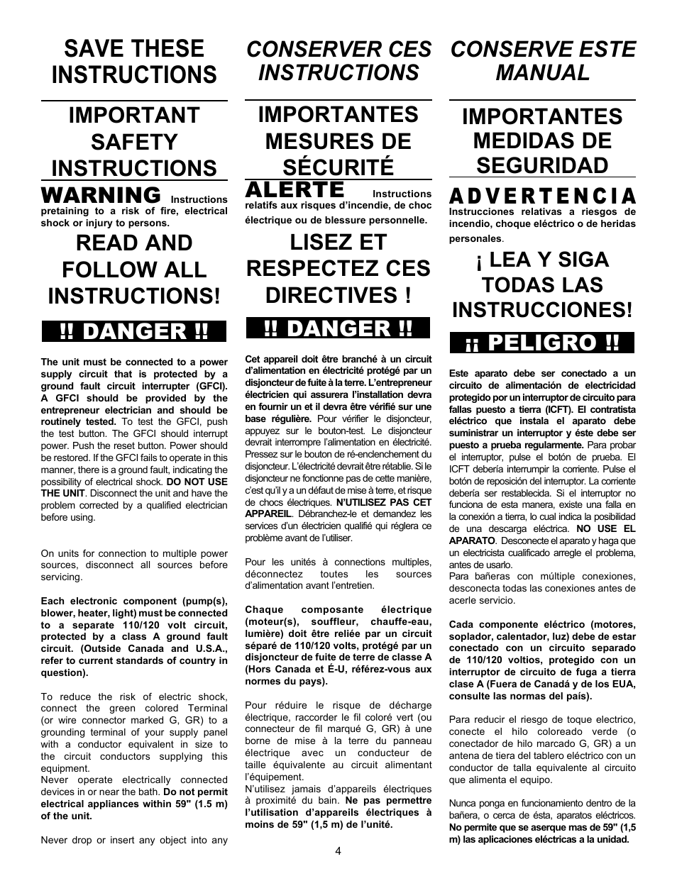 Save these instructions, Important safety instructions warning, Read and follow all instructions! !! danger | Lisez et respectez ces directives, Danger, Peligro, Lea y siga todas las instrucciones | MAAX AGORA User Manual | Page 4 / 20