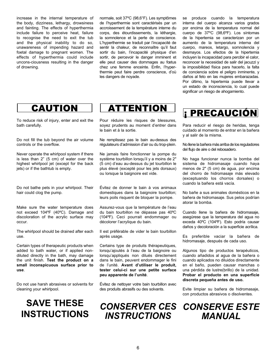 Caution, Save these instructions, Attention | Conserver ces instructions, Precaución, Conserve este manual | MAAX AGORA User Manual | Page 6 / 20