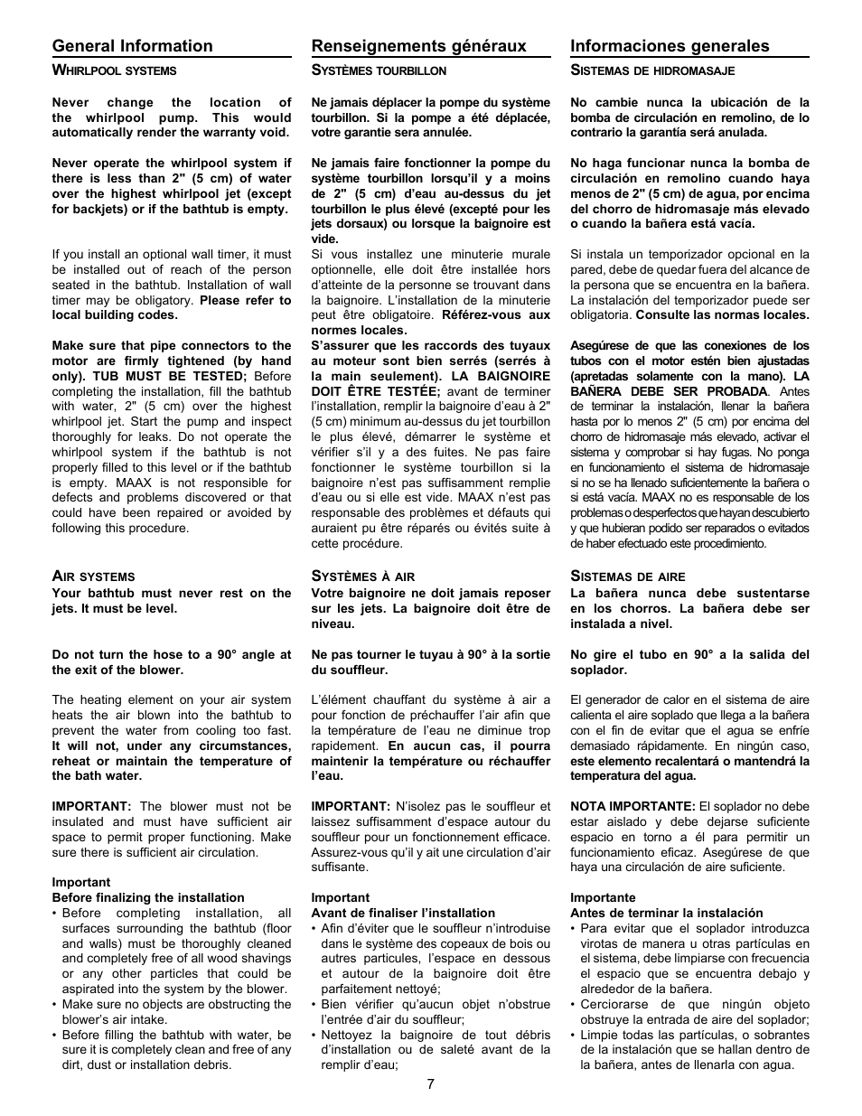 General information, Renseignements généraux, Informaciones generales | MAAX AGORA User Manual | Page 7 / 20