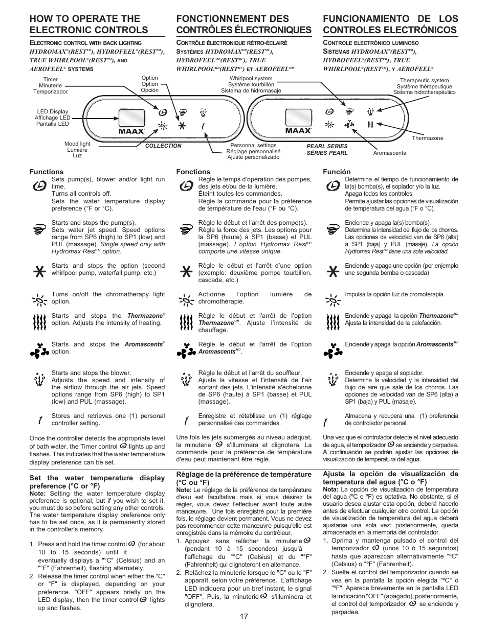 How to operate the electronic controls, Fonctionnement des contrôles électroniques, Funcionamiento de los controles electrónicos | MAAX AIGO 7236 User Manual | Page 17 / 28
