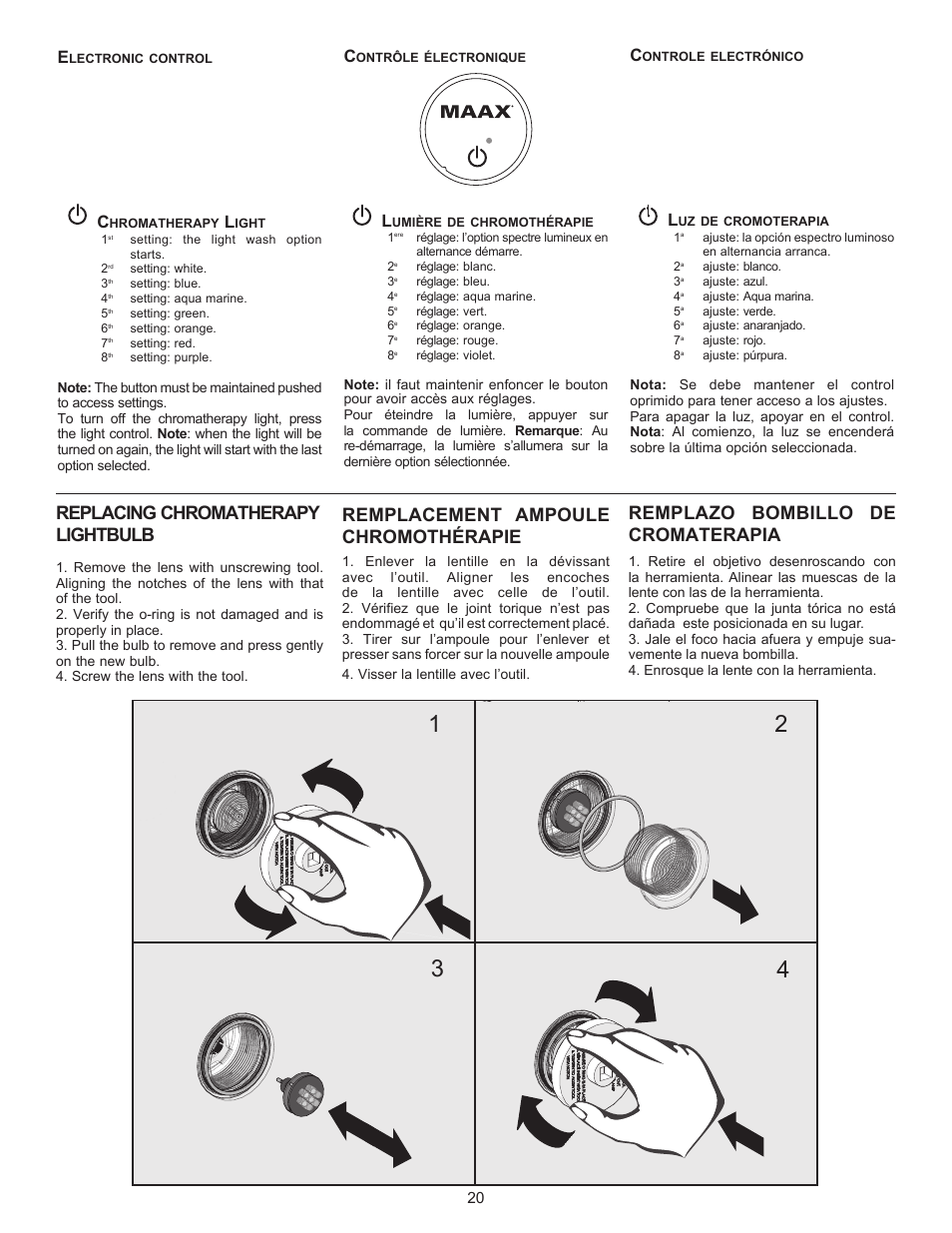 Replacing chromatherapy lightbulb, Remplacement ampoule chromothérapie, Remplazo bombillo de cromaterapia | MAAX AIGO 7236 User Manual | Page 20 / 28