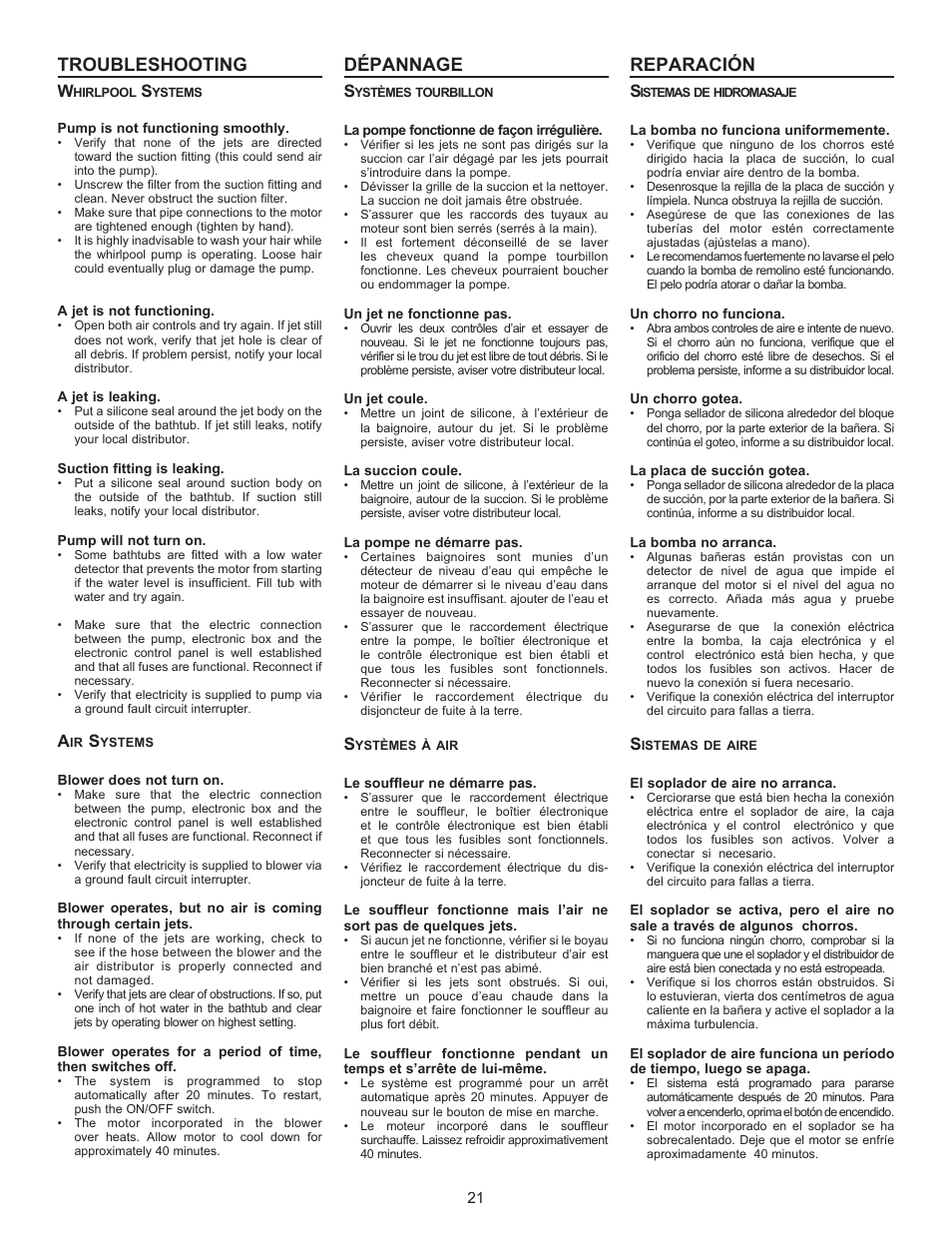 Troubleshooting, Dépannage, Reparación | MAAX AIGO 7236 User Manual | Page 21 / 28