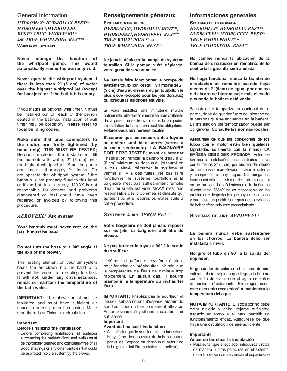 General information, Renseignements généraux, Informaciones generales | Aerofeel | MAAX AIGO 7236 User Manual | Page 8 / 28