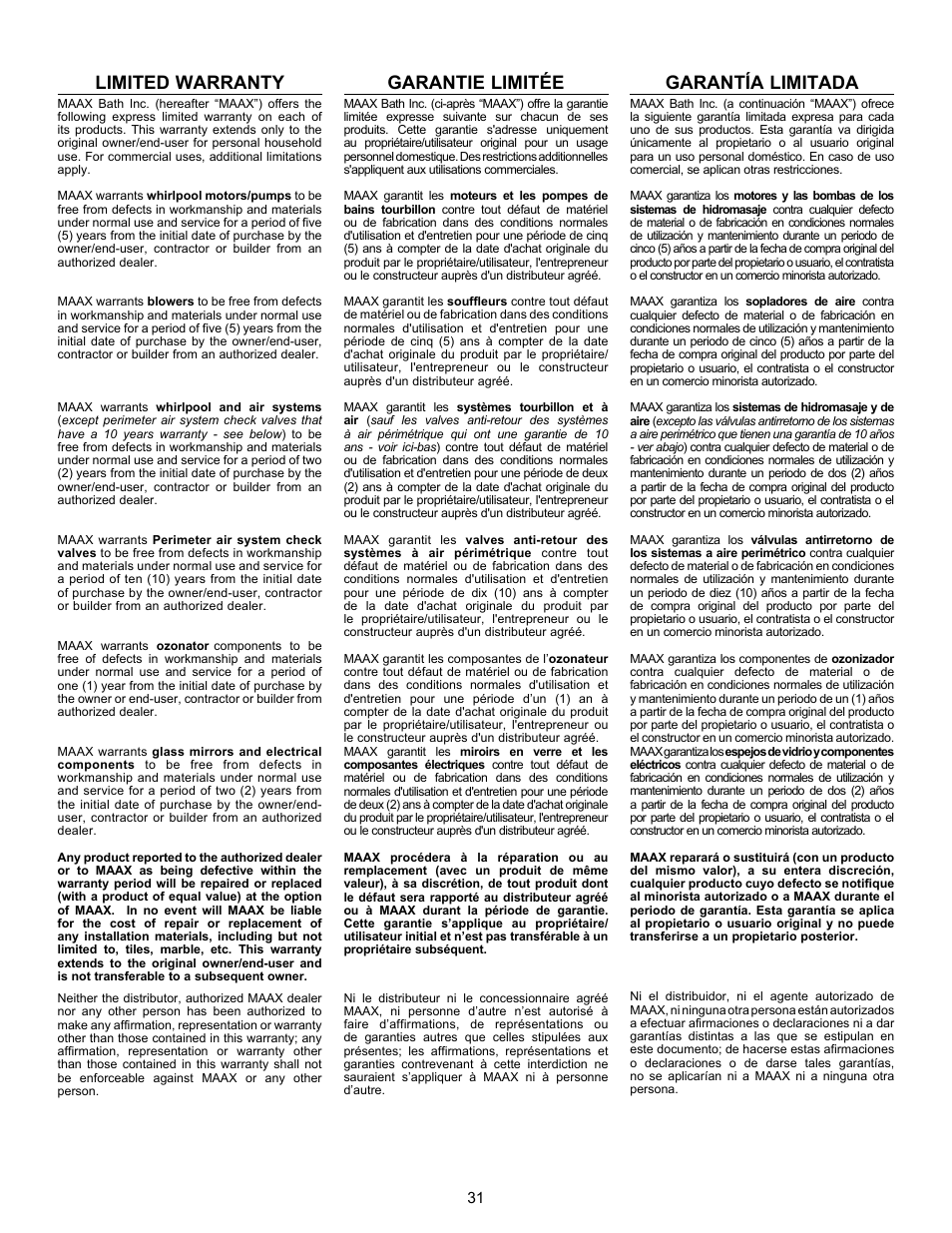 Limited warranty, Garantie limitée, Garantía limitada | MAAX AIGO 7236 User Manual | Page 31 / 36