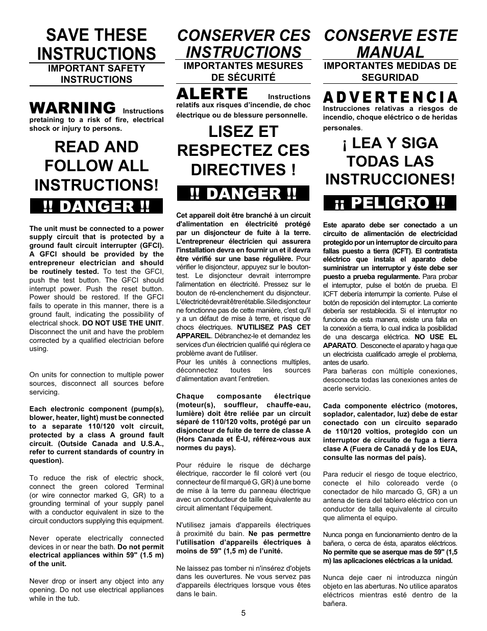 Save these instructions, Warning, Read and follow all instructions! !! danger | Conserver ces instructions, Alerte, Lisez et respectez ces directives, Danger, Conserve este manual, Peligro, Lea y siga todas las instrucciones | MAAX AIGO 7236 User Manual | Page 5 / 36