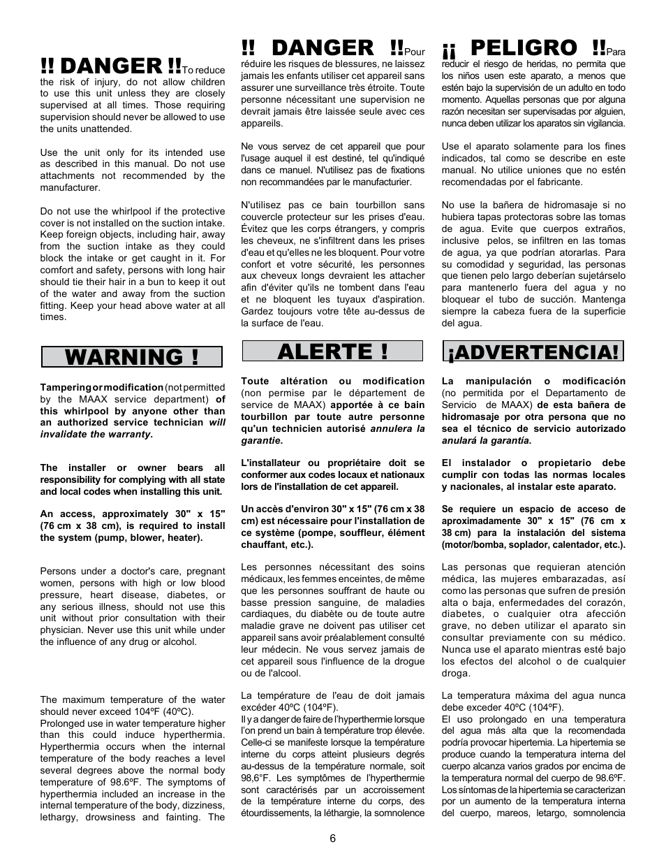 Danger, Warning, Alerte | Peligro, Advertencia | MAAX AIGO 7236 User Manual | Page 6 / 36