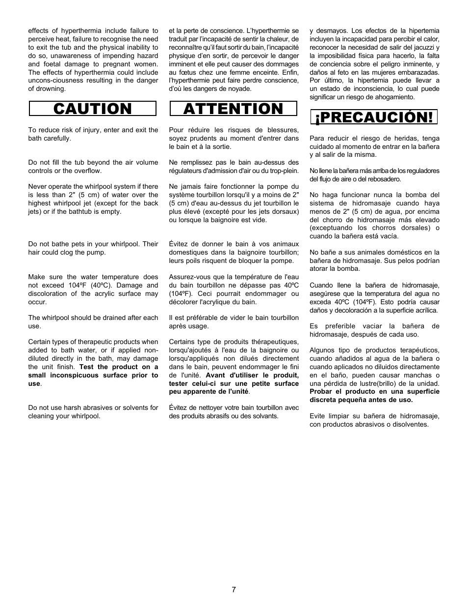 Caution, Attention, Precaución | MAAX AIGO 7236 User Manual | Page 7 / 36