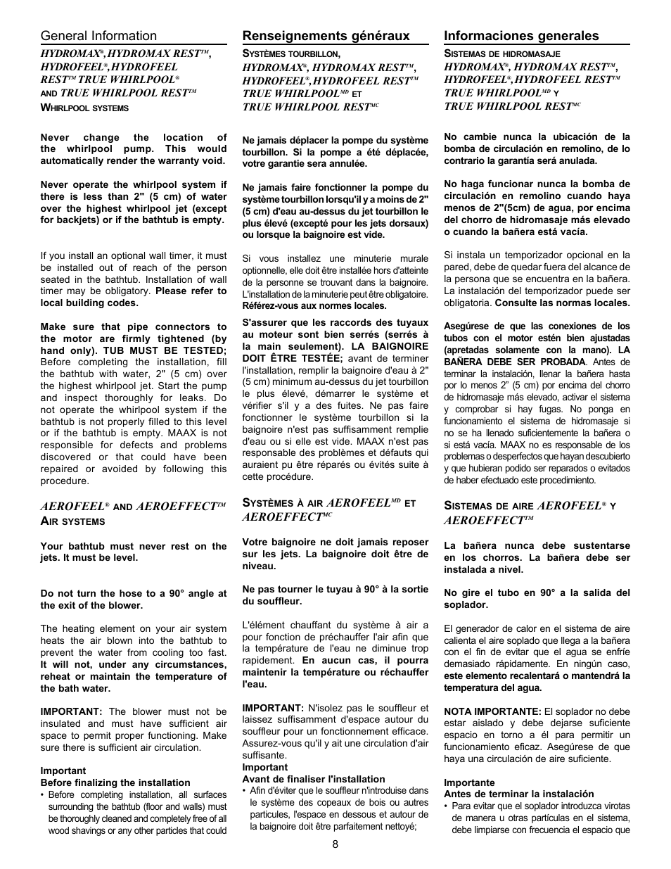 General information, Renseignements généraux, Informaciones generales | Aerofeel, Aeroeffect | MAAX AIGO 7236 User Manual | Page 8 / 36