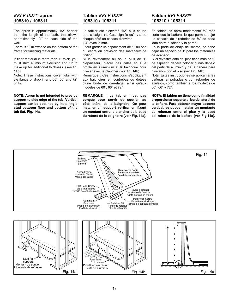 Tablier release, Faldón release | MAAX AIGO 7236 User Manual | Page 13 / 32