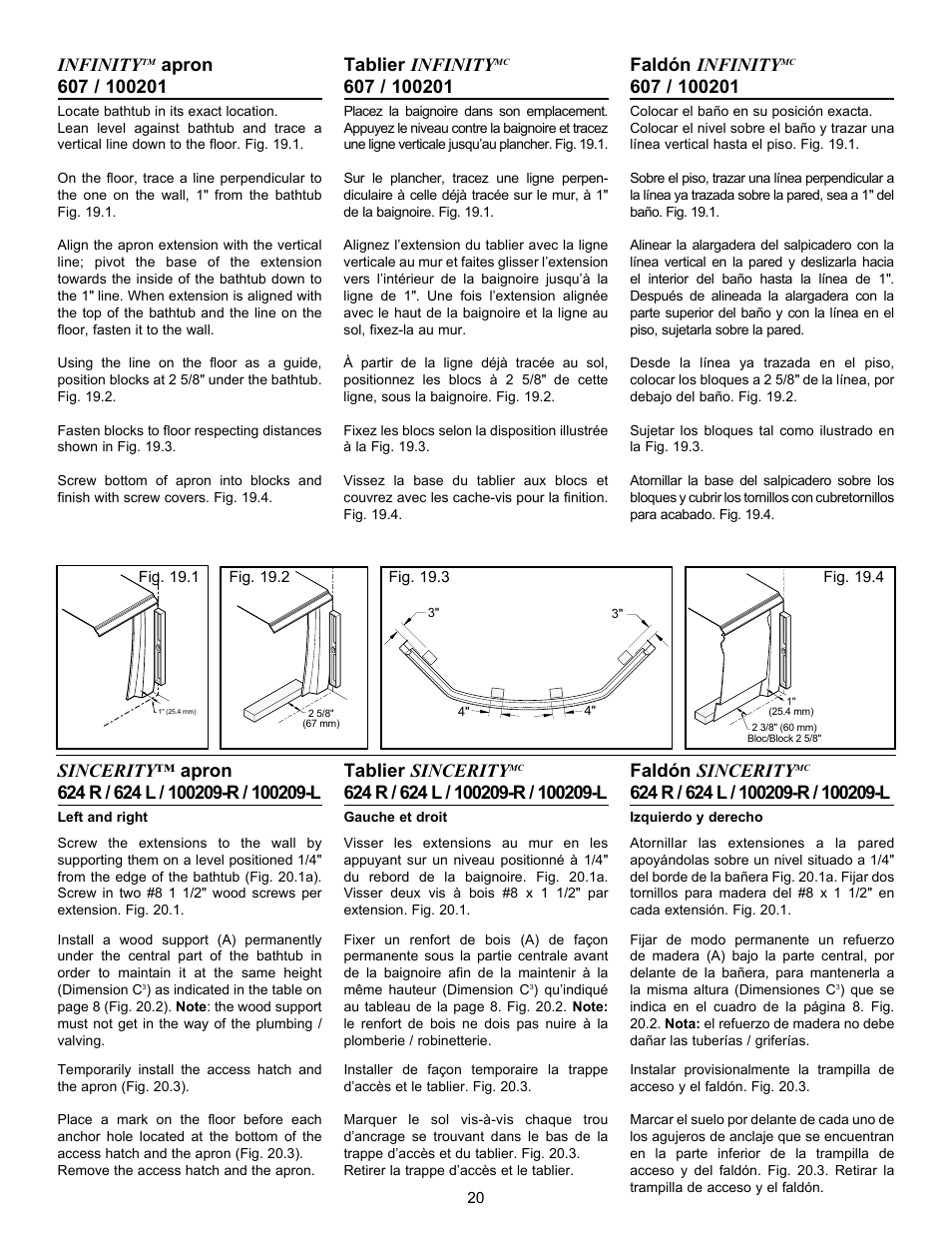 Infinity, Tablier infinity, Tablier sincerity | Faldón infinity, Faldón sincerity | MAAX AIGO 7236 User Manual | Page 20 / 32