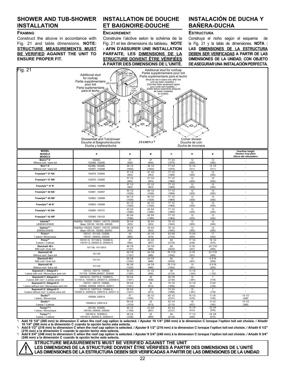 Shower and tub-shower installation, Installation de douche et baignoire-douche, Instalación de ducha y bañera-ducha | Fig. 21, Raming, Ncadrement, Structura | MAAX AIGO 7236 User Manual | Page 22 / 32