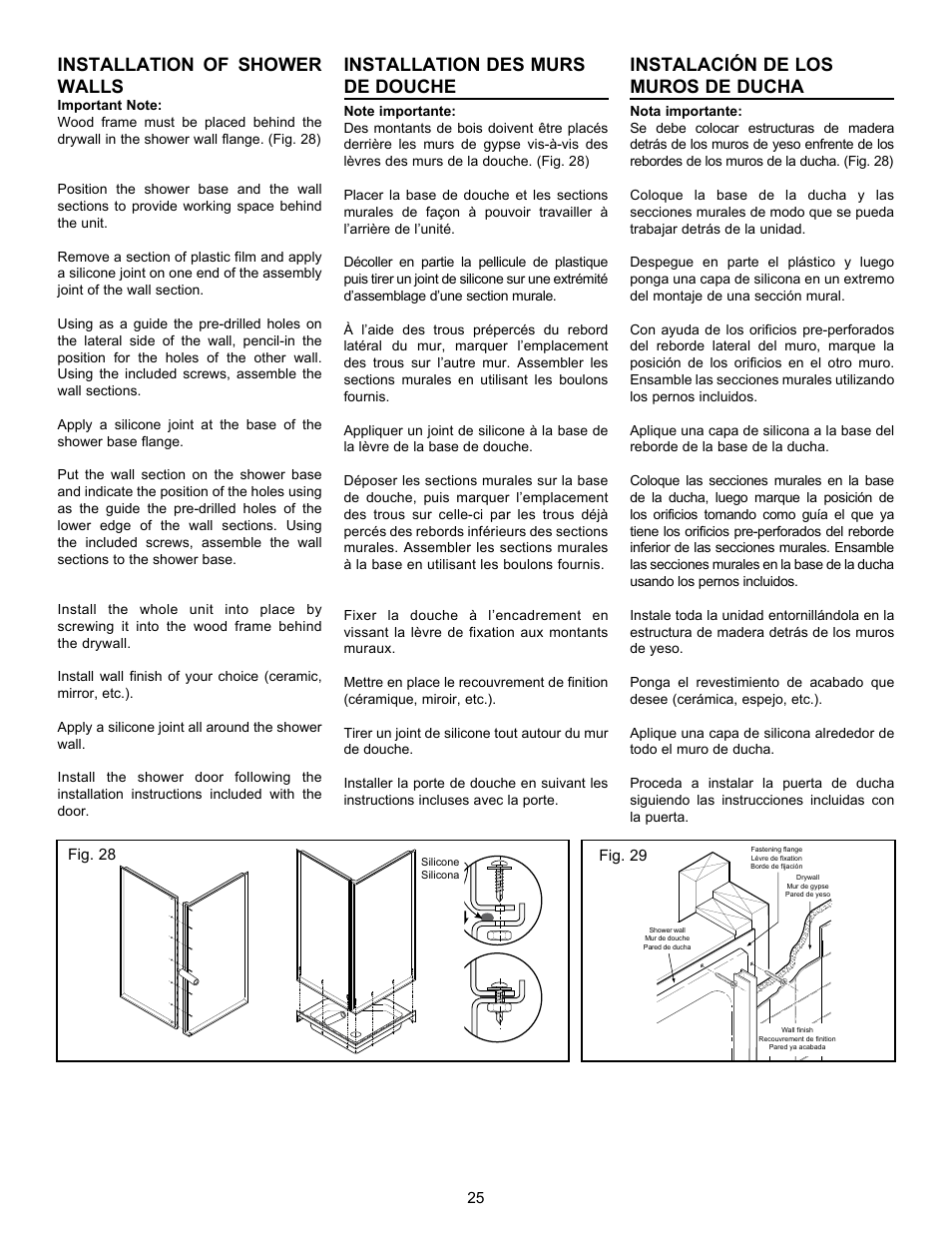 Installation of shower walls, Installation des murs de douche, Instalación de los muros de ducha | MAAX AIGO 7236 User Manual | Page 25 / 32