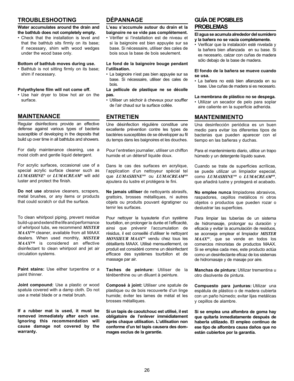 Troubleshooting, Maintenance, Dépannage | Entretien, Guía de posibles problemas, Mantenimiento | MAAX AIGO 7236 User Manual | Page 26 / 32