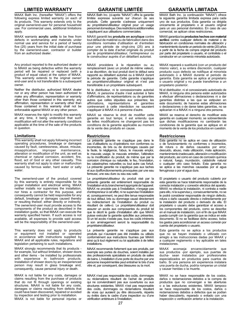 Limited warranty, Garantie limitée, Garantía limitada | MAAX AIGO 7236 User Manual | Page 27 / 32