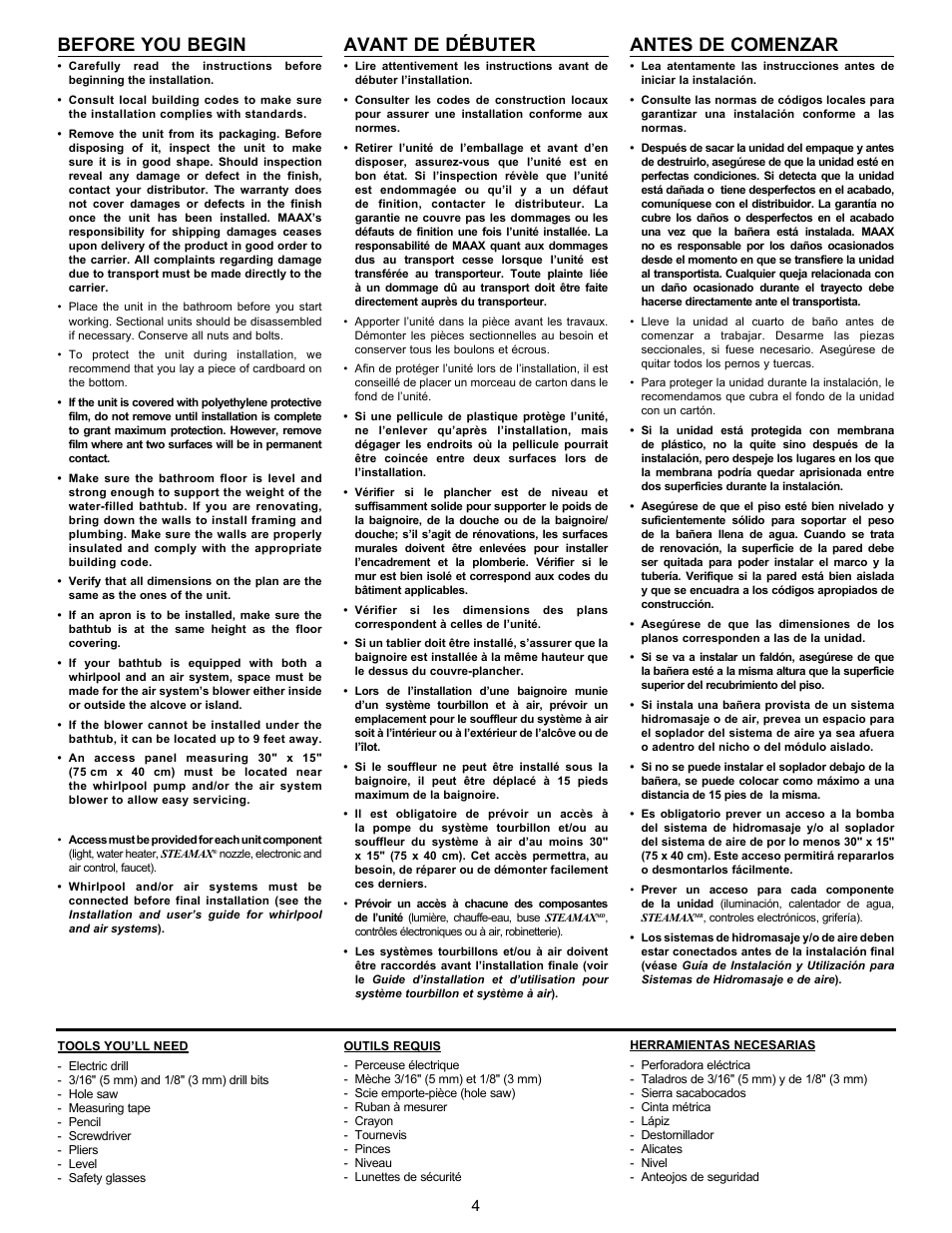 Before you begin, Avant de débuter, Antes de comenzar | MAAX AIGO 7236 User Manual | Page 4 / 32