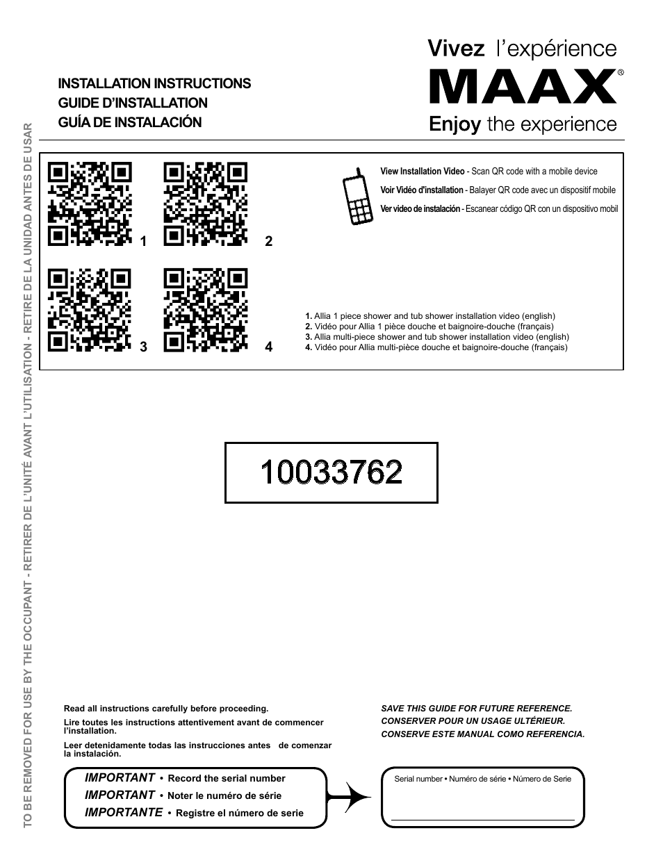 MAAX ALLIA TS-6032 User Manual | 20 pages