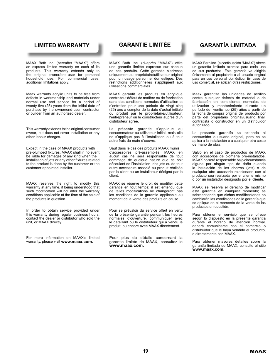 MAAX ALLIA TS-6032 User Manual | Page 19 / 20