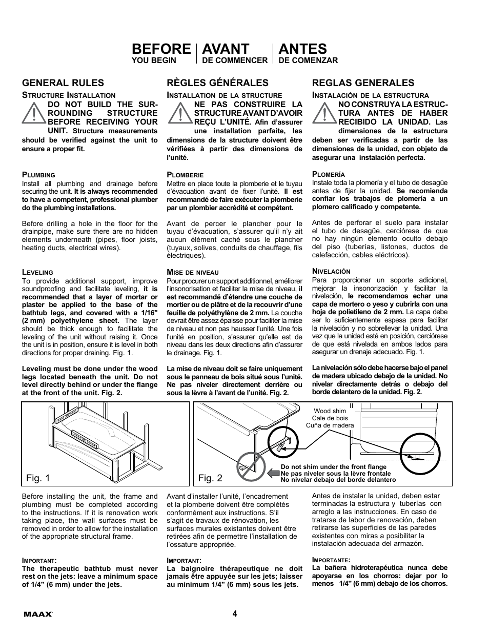 Before, Avant, Antes | General rules, Règles générales, Reglas generales, Fig. 1 fig. 2 | MAAX ALLIA TS-6032 User Manual | Page 4 / 20
