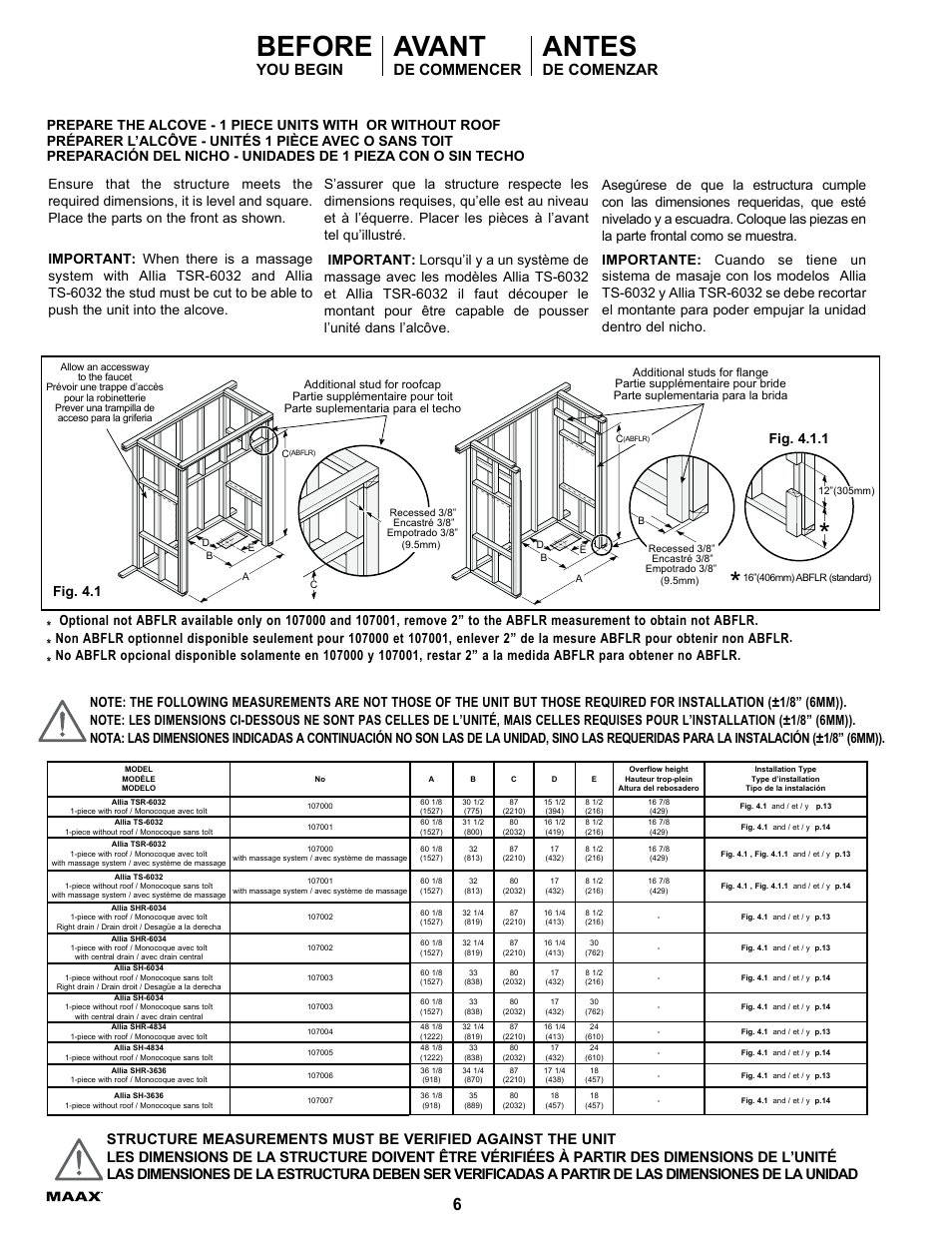 Before, Avant, Antes | You begin, De commencer, De comenzar | MAAX ALLIA TS-6032 User Manual | Page 6 / 20