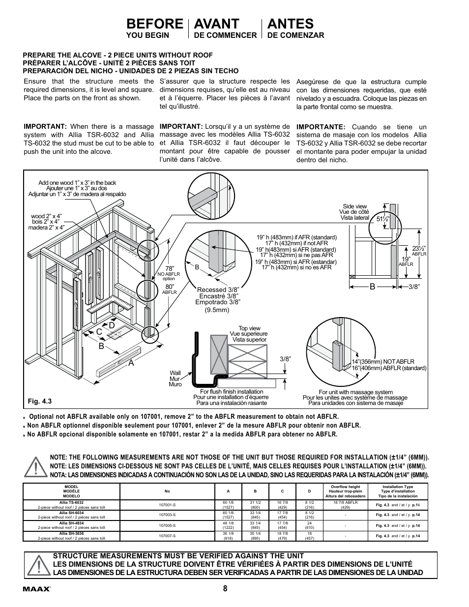Before, Avant, Antes | Ab c d, You begin, De commencer, De comenzar | MAAX ALLIA TS-6032 User Manual | Page 8 / 20