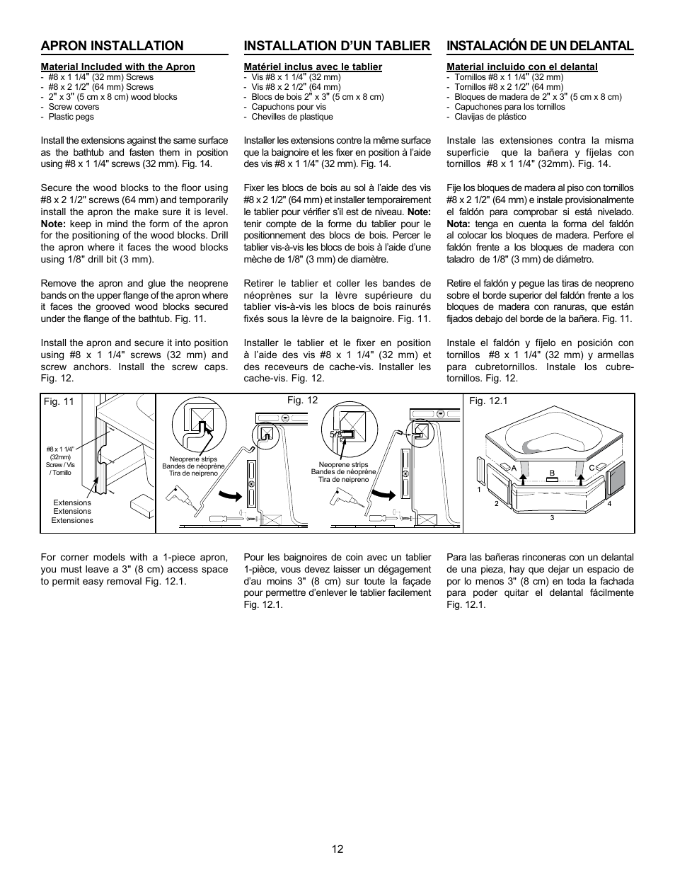 Apron installation, Installation d’un tablier, Instalación de un delantal | MAAX APEX 108 9 FT User Manual | Page 12 / 36
